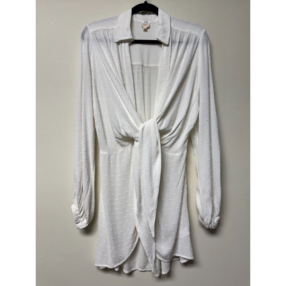 SURF GYPSY Ocean White Swiss Dot Tie Front Cover Up Dress, Beachy, Sz M